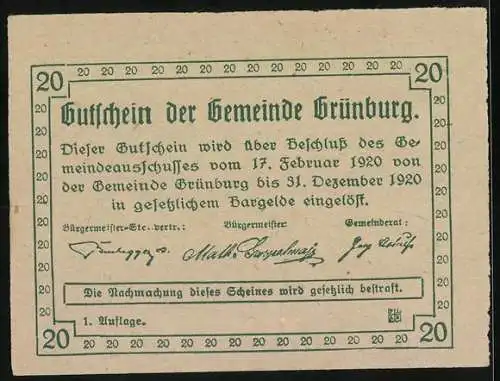 Notgeld Grünburg 1920, 20 Heller, Stadtansicht und Wappen, Gutschein der Gemeinde