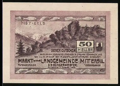 Notgeld Mittersill, 50 Heller, Landschaft mit Burg und Bergen im Hintergrund