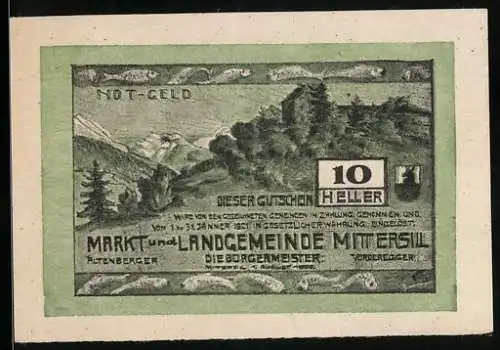 Notgeld Mittersill, 10 Heller, Landschaft mit Hügel und Burg