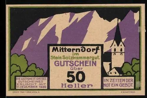 Notgeld Mitterndorf 1920, 50 Heller, Berglandschaft und Kirche im Steirischen Salzkammergut