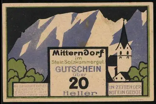 Notgeld Mitterndorf 1920, 20 Heller, Berglandschaft und Kirche im Steirischen Salzkammergut