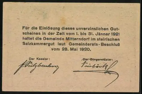 Notgeld Mitterndorf 1920, 20 Heller, Berglandschaft und Kirche im Steirischen Salzkammergut