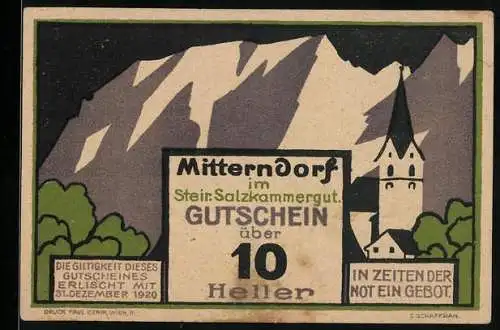 Notgeld Mitterndorf 1920, 10 Heller, Berglandschaft und Kirchturm im Steirischen Salzkammergut