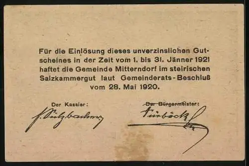 Notgeld Mitterndorf 1920, 10 Heller, Berglandschaft und Kirchturm im Steirischen Salzkammergut