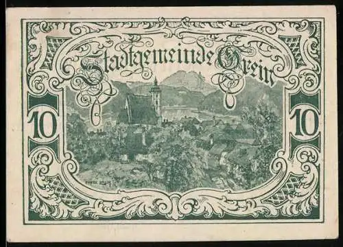 Notgeld Grein 1920, 10 Heller, Stadtansicht und Verzierung, Seriennummer 44170, Wappen enthalten