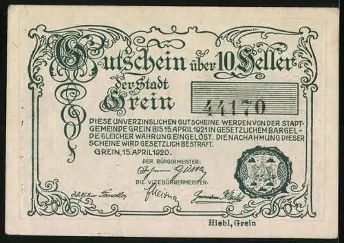 Notgeld Grein 1920, 10 Heller, Stadtansicht und Verzierung, Seriennummer 44170, Wappen enthalten