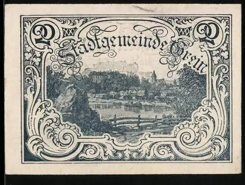 Notgeld Grein 1920, 20 Heller, Landschaftsmotiv mit Schlossansicht, Seriennummer 45379, Wappen inkludiert