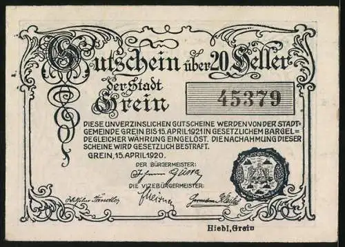 Notgeld Grein 1920, 20 Heller, Landschaftsmotiv mit Schlossansicht, Seriennummer 45379, Wappen inkludiert