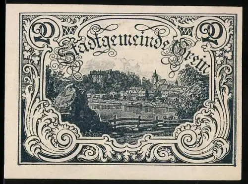 Notgeld Grein 1920, 20 Heller, Stadtansicht mit dekorativem Rahmen und Wappen, Seriennummer 50 /24