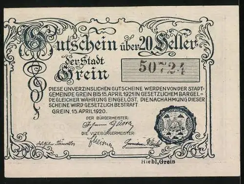 Notgeld Grein 1920, 20 Heller, Stadtansicht mit dekorativem Rahmen und Wappen, Seriennummer 50 /24