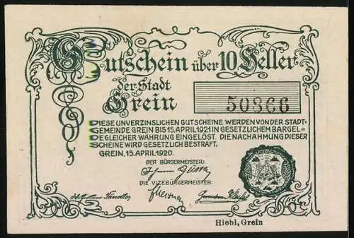 Notgeld Grein 1920, 10 Heller, Stadtansicht und florales Design, Seriennummer 50366, Wappen integriert