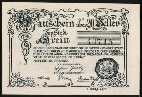 Notgeld Grein 1920, 20 Heller, Stadtansicht und kunstvolle Verzierungen, Seriennummer 49715, Wappen enthalten