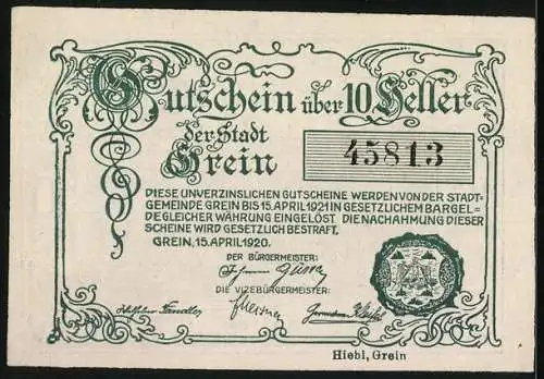 Notgeld Grein 1920, 10 Heller, Stadtansicht mit dekorativem Schriftzug und Wappen, Seriennummer 45813