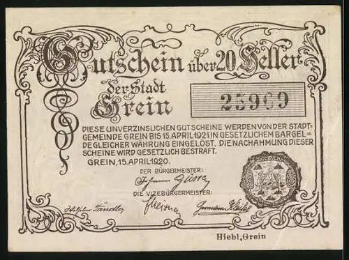 Notgeld Grein 1920, 20 Heller, Landschaftsmotiv und Wappen, Seriennummer 25959