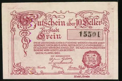 Notgeld Grein 1920, 10 Heller, Stadtansicht mit Berglandschaft, Seriennummer 15501, Wappen enthalten