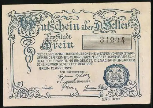 Notgeld Grein 1920, 5 Heller, Stadtansicht und kunstvolle Verzierung, Seriennummer 31974, Wappen vorhanden