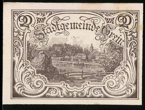 Notgeld Grein 1920, 20 Heller, Stadtansicht mit dekorativem Rahmen, Seriennummer 38433, Wappen vorhanden