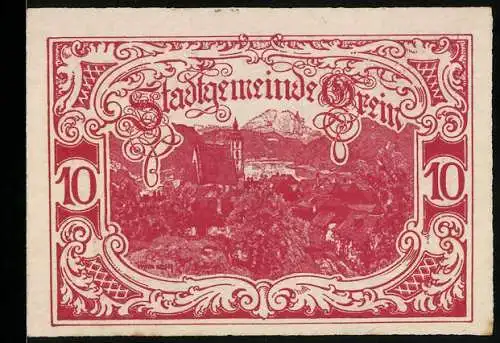 Notgeld Grein 1920, 10 Heller, Stadtansicht und Ornamentik, Seriennummer 25198, Wappen