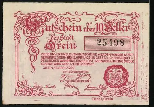 Notgeld Grein 1920, 10 Heller, Stadtansicht und Ornamentik, Seriennummer 25198, Wappen