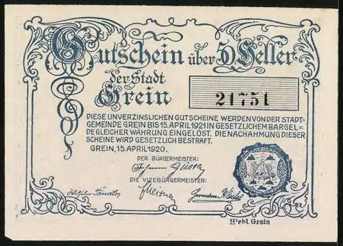 Notgeld Grein 1920, 5 Heller, Stadtansicht und dekorative Umrandung, Seriennummer 21751