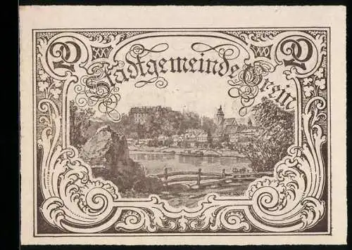 Notgeld Grein 1920, 20 Heller, Stadtansicht mit Burg und Fluss, Seriennummer 21911, Wappen der Stadt Grein