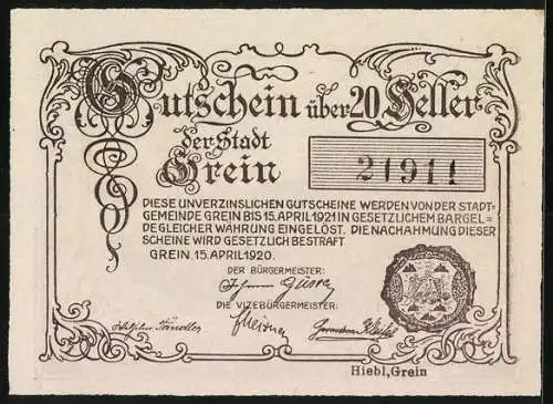 Notgeld Grein 1920, 20 Heller, Stadtansicht mit Burg und Fluss, Seriennummer 21911, Wappen der Stadt Grein