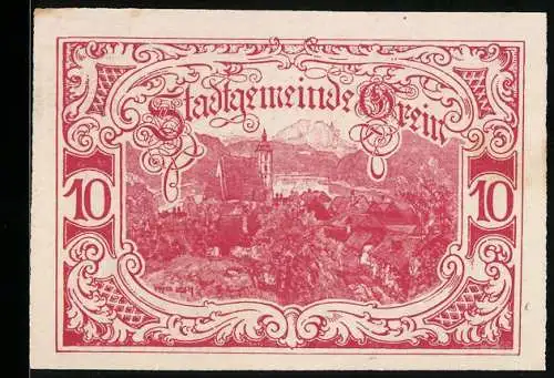 Notgeld Grein 1920, 10 Heller, Stadtansicht mit Wappen und Seriennummer 31824