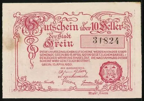 Notgeld Grein 1920, 10 Heller, Stadtansicht mit Wappen und Seriennummer 31824