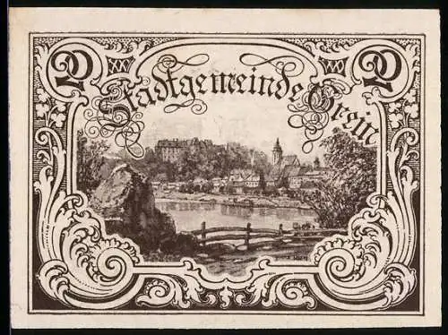 Notgeld Grein 1920, 20 Heller, Flusslandschaft und Burgansicht, Seriennummer 13141, Wappen der Stadt Grein