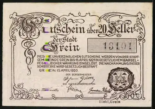 Notgeld Grein 1920, 20 Heller, Flusslandschaft und Burgansicht, Seriennummer 13141, Wappen der Stadt Grein