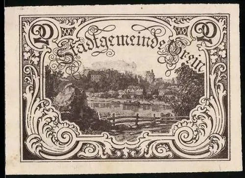 Notgeld Grein 1920, 20 Heller, Stadtansicht mit dekorativem Rahmen, Seriennummer und Wappen