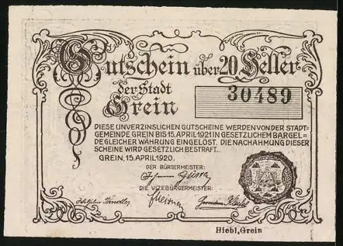 Notgeld Grein 1920, 20 Heller, Stadtansicht mit dekorativem Rahmen, Seriennummer und Wappen