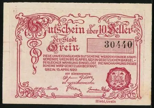 Notgeld Grein 1920, 10 Heller, Stadtansicht und reich verzierte Schrift, Seriennummer 30440, Wappen enthalten