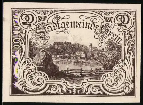 Notgeld Grein 1920, 20 Heller, Stadtansicht mit dekorativem Rahmen, Seriennummer und Wappen