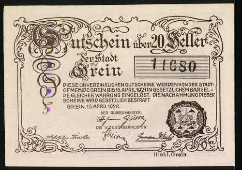 Notgeld Grein 1920, 20 Heller, Stadtansicht mit dekorativem Rahmen, Seriennummer und Wappen