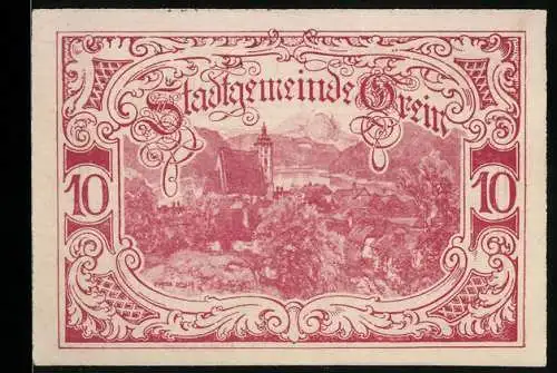 Notgeld Grein 1920, 10 Heller, Stadtansicht mit Kirche, Seriennummer 16141, Wappen der Stadt Grein