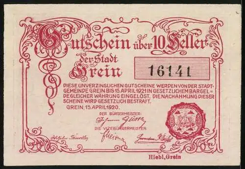 Notgeld Grein 1920, 10 Heller, Stadtansicht mit Kirche, Seriennummer 16141, Wappen der Stadt Grein