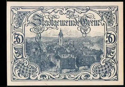 Notgeld Grein 1920, 50 Heller, Stadtansicht mit dekorativem Schriftzug und Seriennummer 1081, Wappen der Stadt