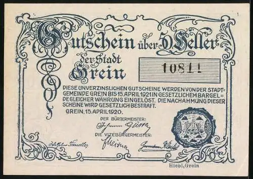 Notgeld Grein 1920, 50 Heller, Stadtansicht mit dekorativem Schriftzug und Seriennummer 1081, Wappen der Stadt