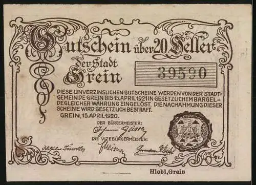 Notgeld Grein 1920, 20 Heller, Stadtansicht mit dekorativer Umrahmung, Seriennummer 39590, Wappen