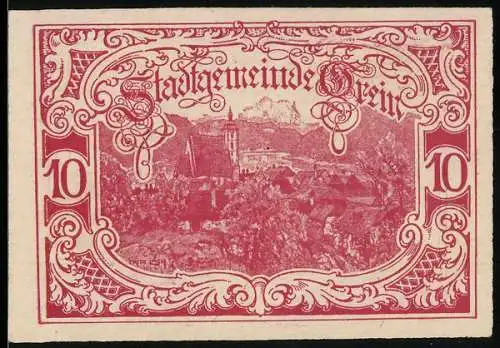 Notgeld Grein 1920, 10 Heller, Stadtansicht mit kunstvollen Verzierungen, Seriennummer und Wappen