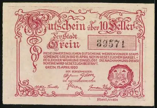 Notgeld Grein 1920, 10 Heller, Stadtansicht mit kunstvollen Verzierungen, Seriennummer und Wappen