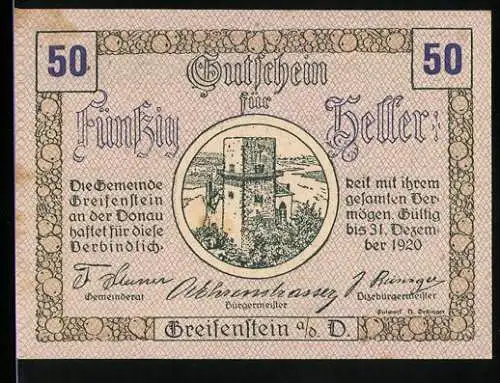 Notgeld Greifenstein 1920, 50 Heller, Burgruine und dekorativer Rahmen