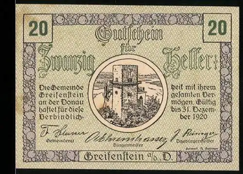 Notgeld Greifenstein 1920, 20 Heller, Burgruine-Motiv, Gutschein der Gemeinde Greifenstein a.d. D