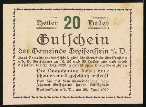 Notgeld Greifenstein 1920, 20 Heller, Burgruine-Motiv, Gutschein der Gemeinde Greifenstein a.d. D