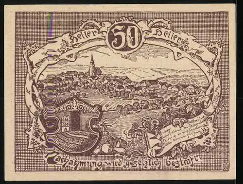 Notgeld Gramastetten 1920, 50 Heller, ländliche Szenen und Stadtansicht mit Wappen