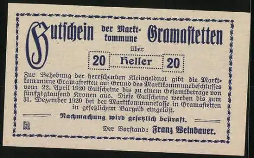 Notgeld Gramastetten 1920, 20 Heller, Stadtansicht mit Nachtszene und Glockenläuterin