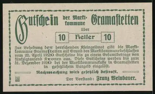Notgeld Gramastetten 1920, 10 Heller, Ruine Lichtenhag, Gutschein der Marktkommune