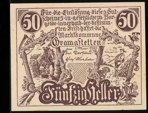 Notgeld Gramastetten 1920, 50 Heller, ländliche Szene und Landschaft mit Wappen und Stadtansicht