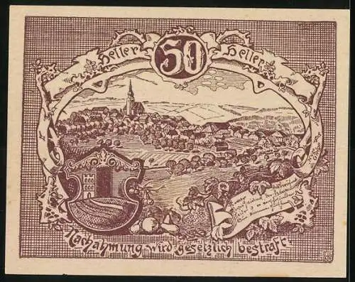 Notgeld Gramastetten 1920, 50 Heller, ländliche Szene und Landschaft mit Wappen und Stadtansicht